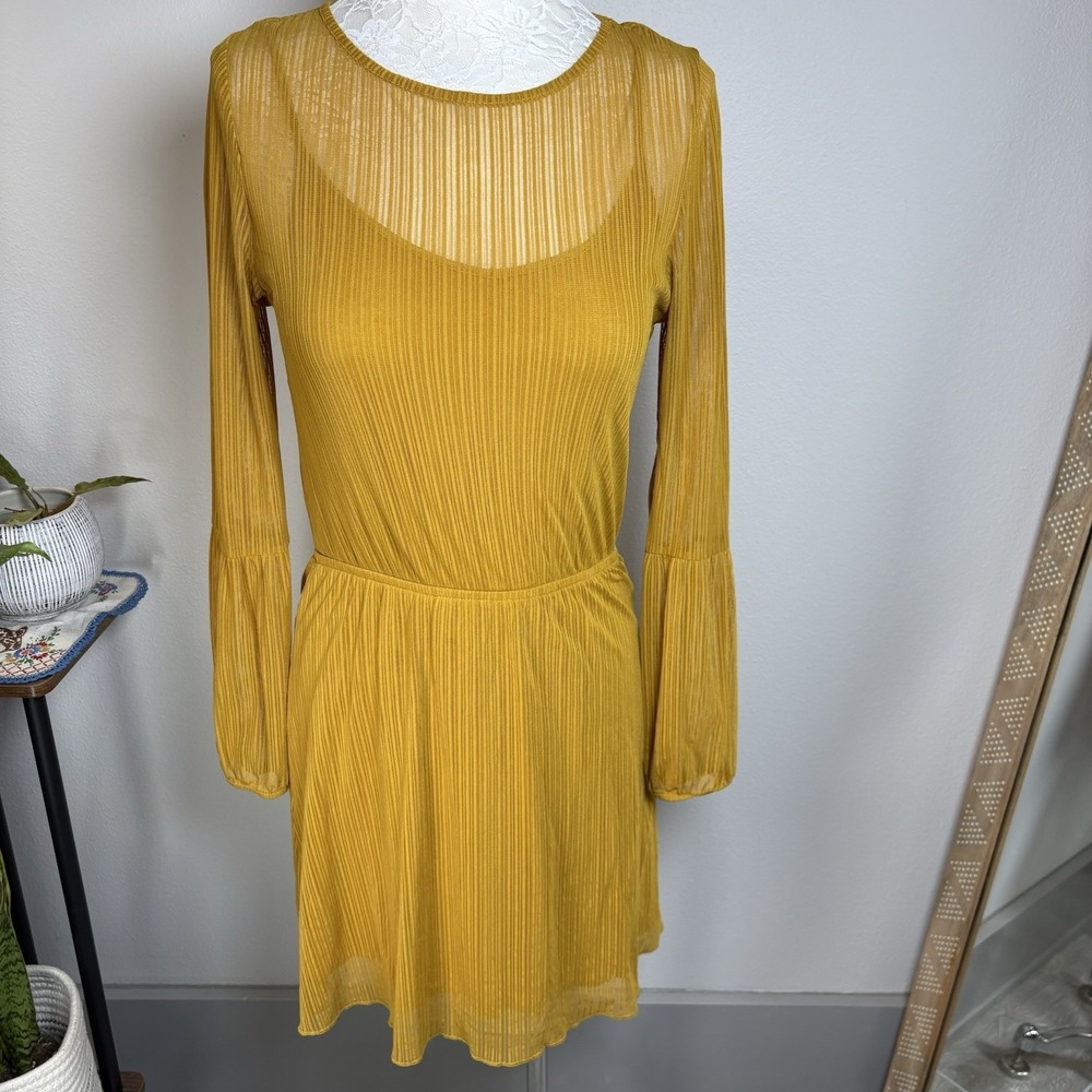 Leith Women's Small ~ Mustard Yellow Blouson Long Sleeve Dress Boho Slip Peasant